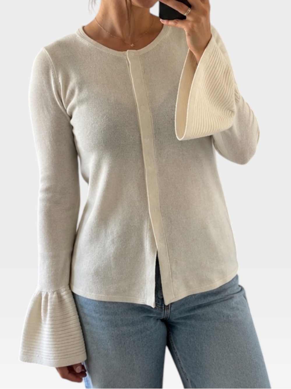 Per Se By Carlisle 100% Silk Cream Cardigan Sweater with Flared Sleeves MEDIUM